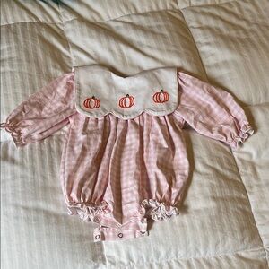 Pink Gingham Baby Romper with Pumpkin Embroidery